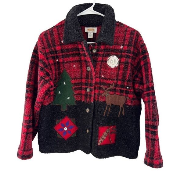 Talbots Sherpa Fleece Patchwork Plaid Jacket Moose Christmas Tree S Petite - Picture 1 of 8